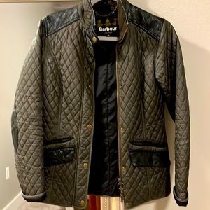 Fitted hunter green cotton Barbour field jacket, size 10, with leather details